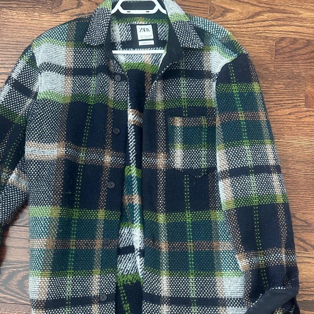Zara Men's Checkered Shirt Jacket - Navy and Green